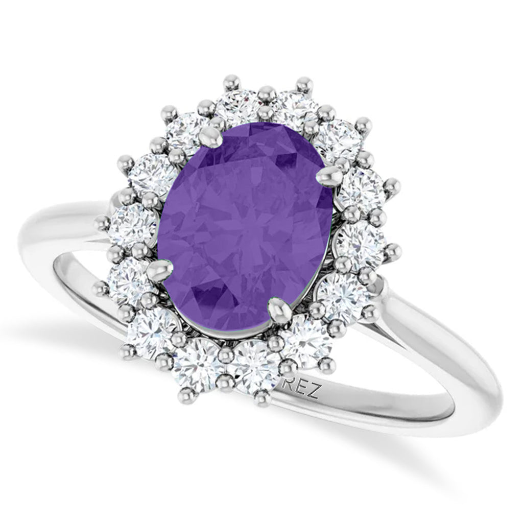 Oval Lab  Amethyst & Diamond Halo Ring 14K White Gold (1.56ct)