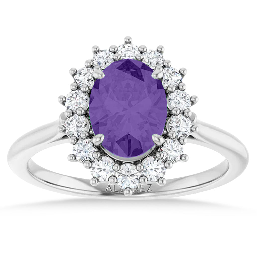Oval Lab  Amethyst & Diamond Halo Ring 14K White Gold (1.56ct)