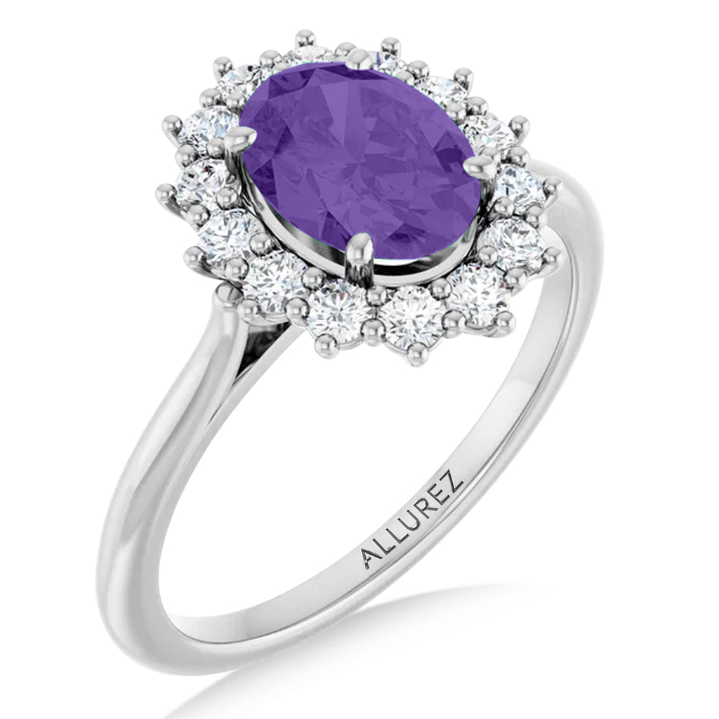Oval Lab  Amethyst & Diamond Halo Ring 14K White Gold (1.56ct)