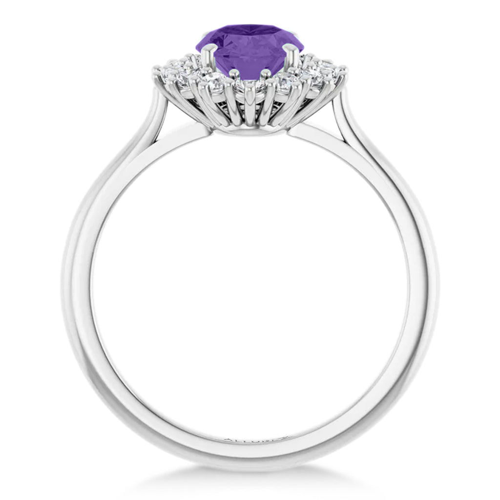 Oval Lab  Amethyst & Diamond Halo Ring 14K White Gold (1.56ct)