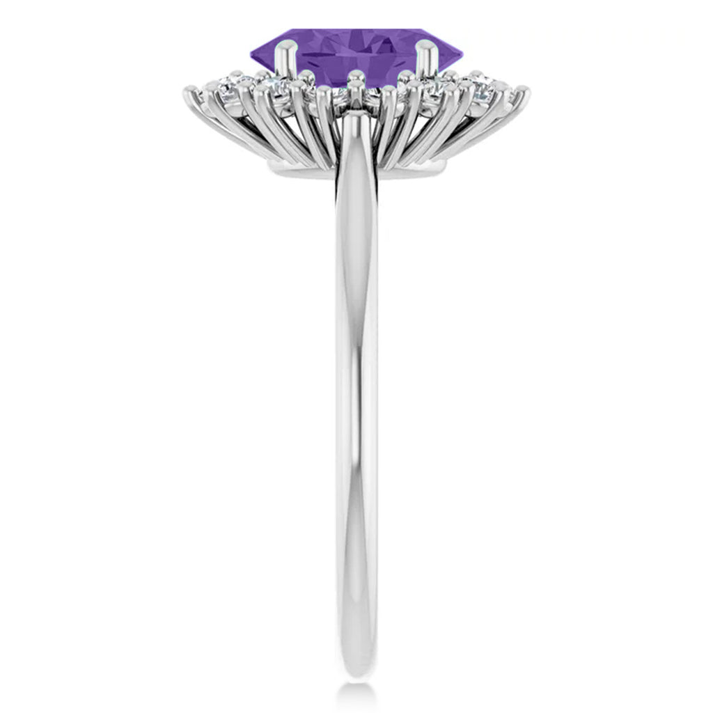 Oval Lab  Amethyst & Diamond Halo Ring 14K White Gold (1.56ct)