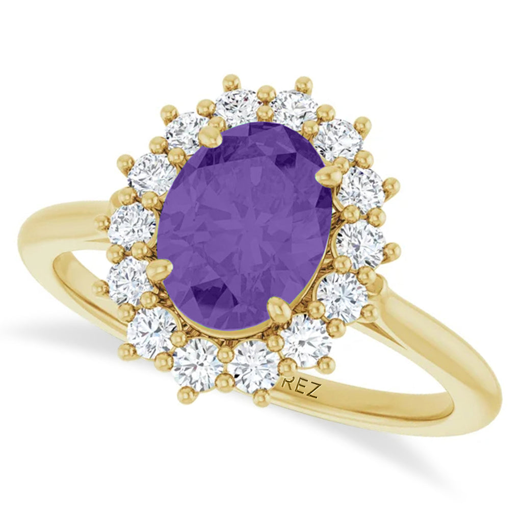 Oval Lab  Amethyst & Diamond Halo Ring 14K Yellow Gold (1.56ct)