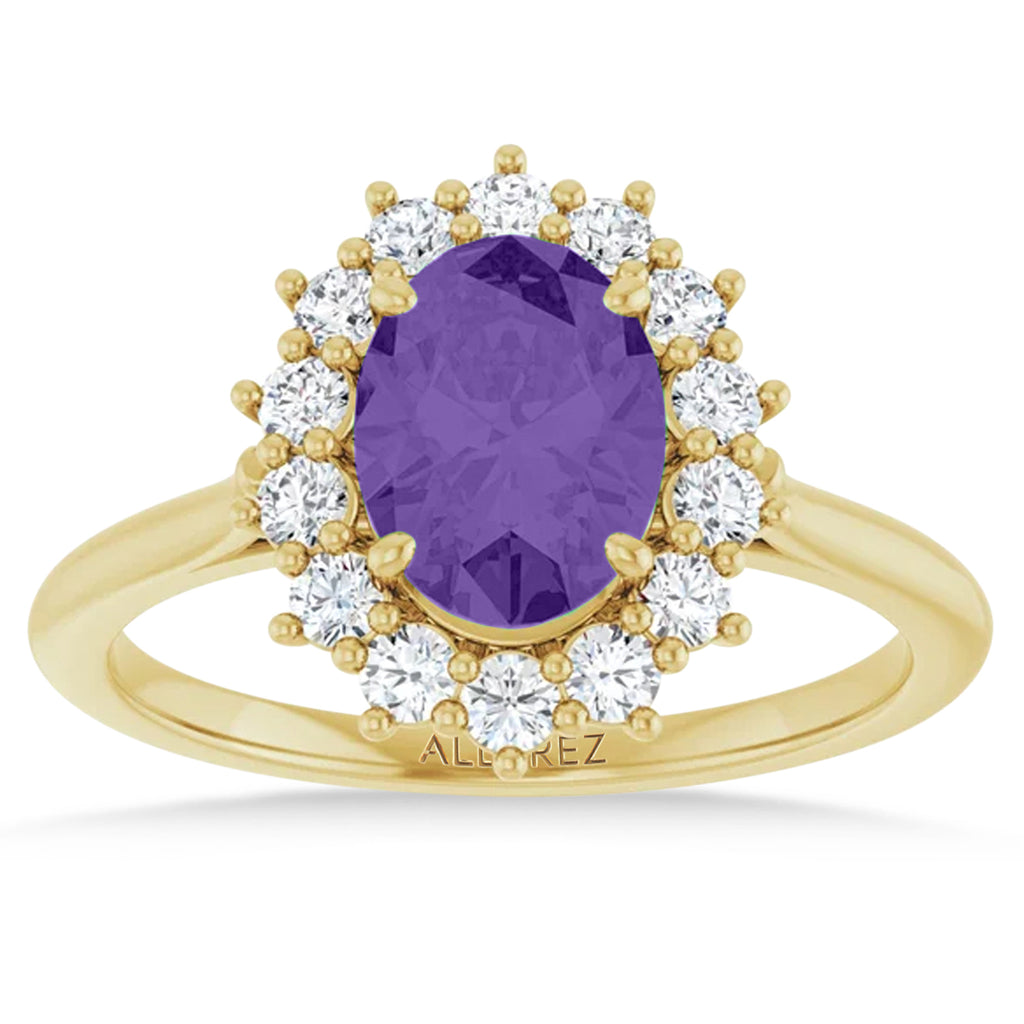 Oval Lab  Amethyst & Diamond Halo Ring 14K Yellow Gold (1.56ct)