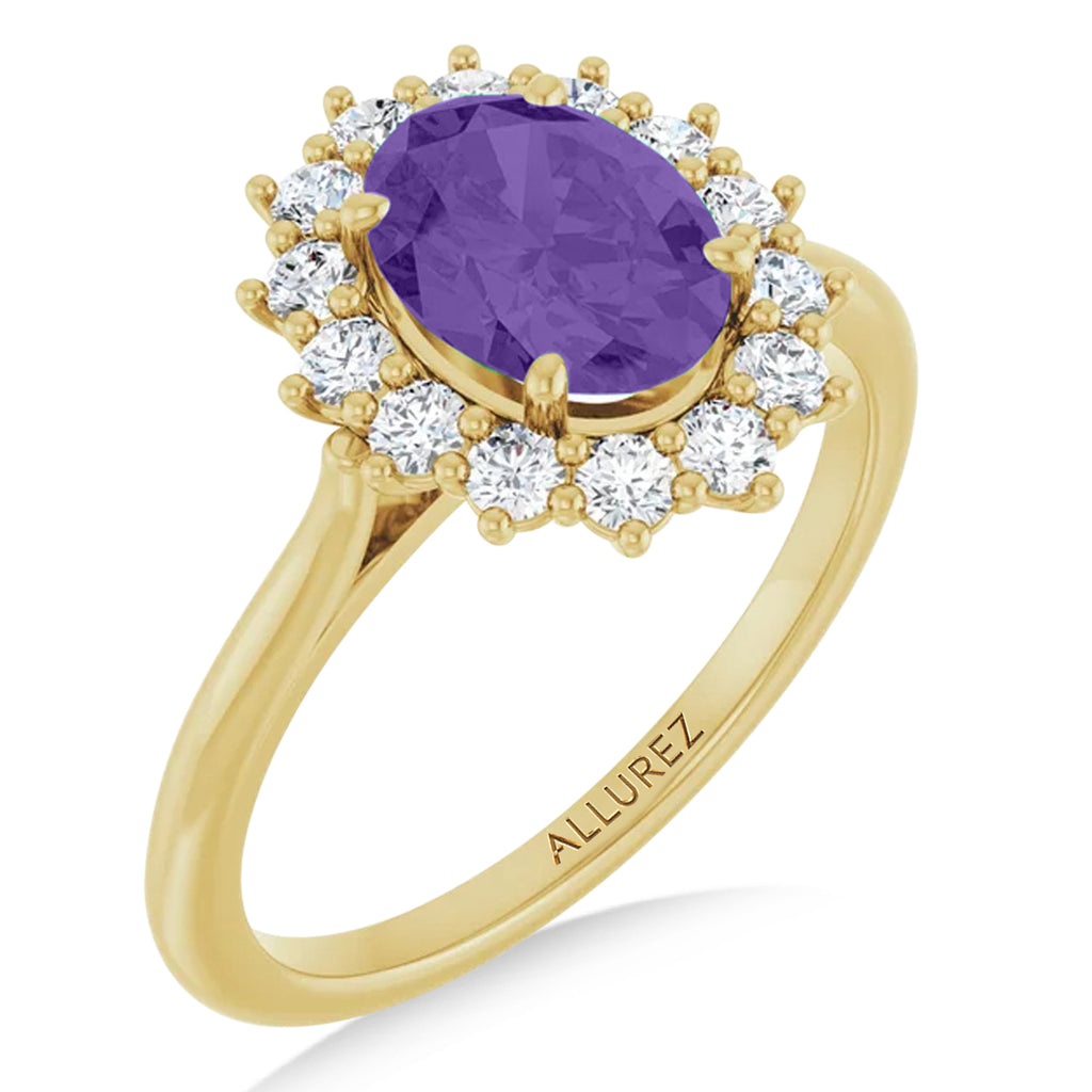 Oval Lab  Amethyst & Diamond Halo Ring 14K Yellow Gold (1.56ct)