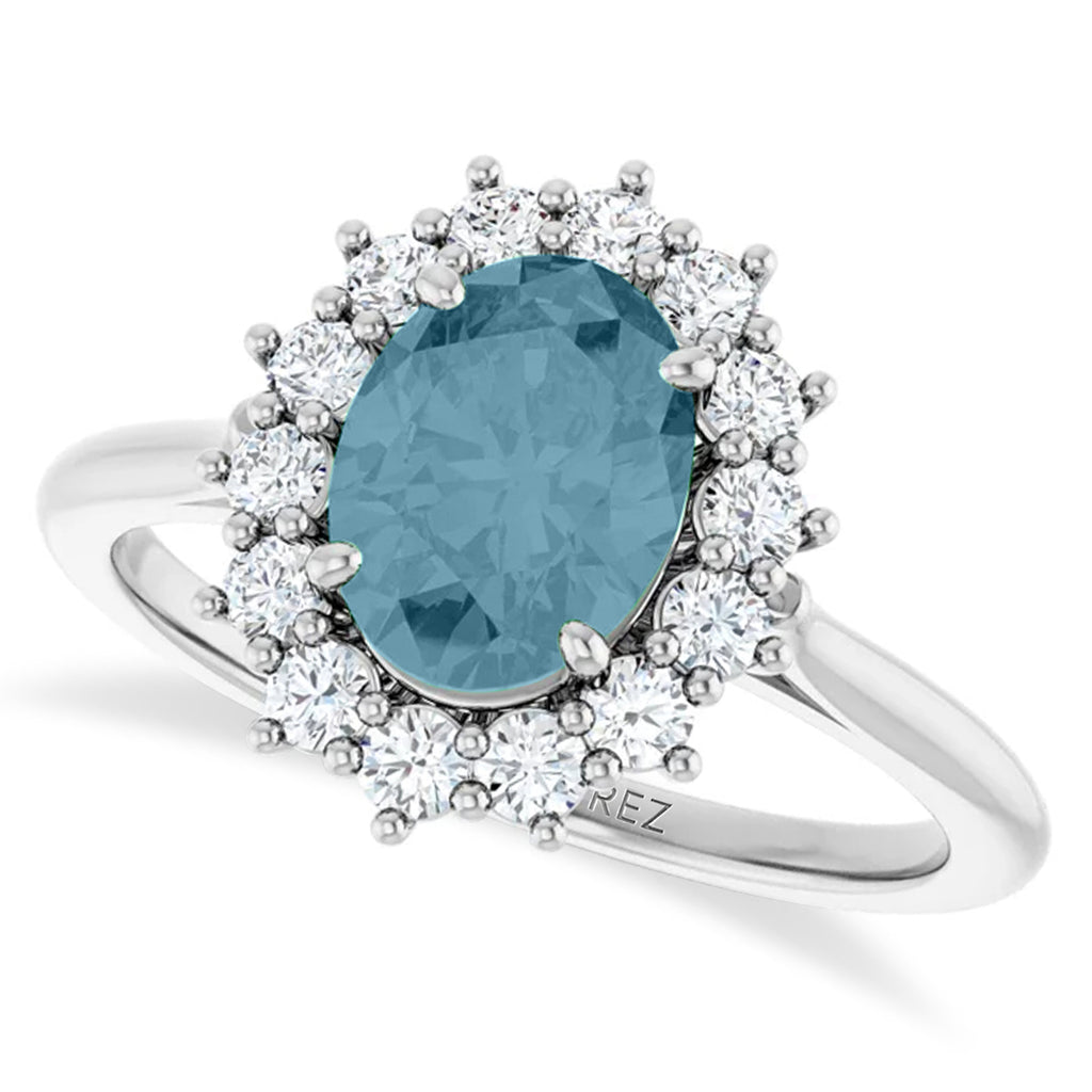 Oval Lab  Aquamarine & Diamond Halo Ring 14K White Gold (1.59ct)