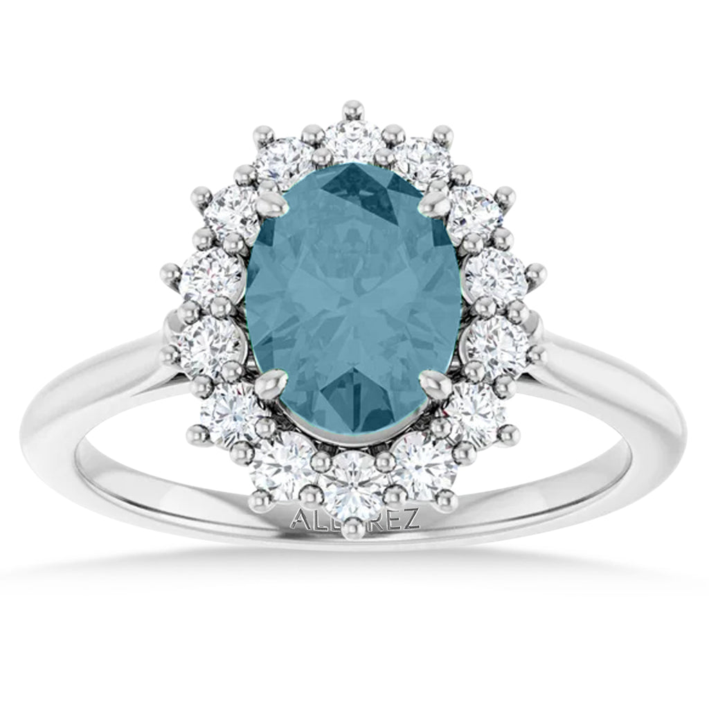 Oval Lab  Aquamarine & Diamond Halo Ring 14K White Gold (1.59ct)