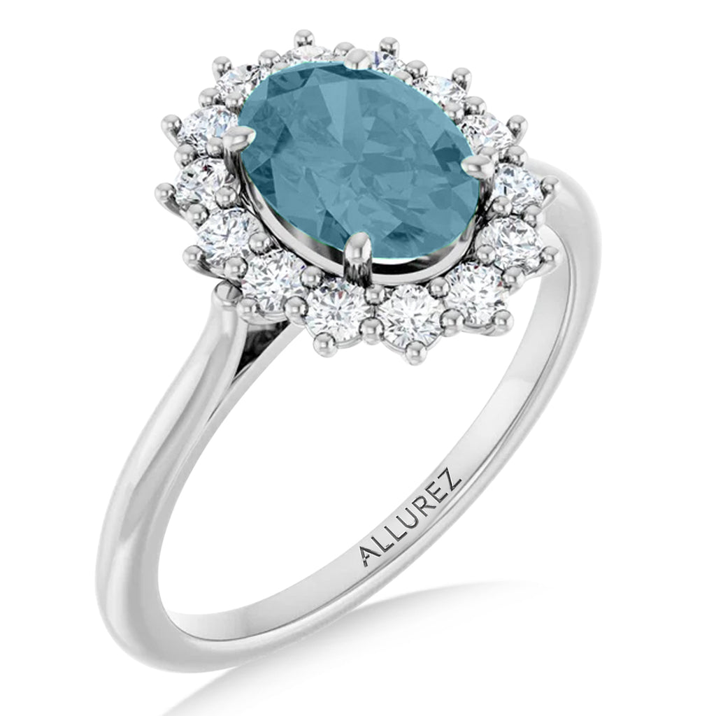 Oval Lab  Aquamarine & Diamond Halo Ring 14K White Gold (1.59ct)