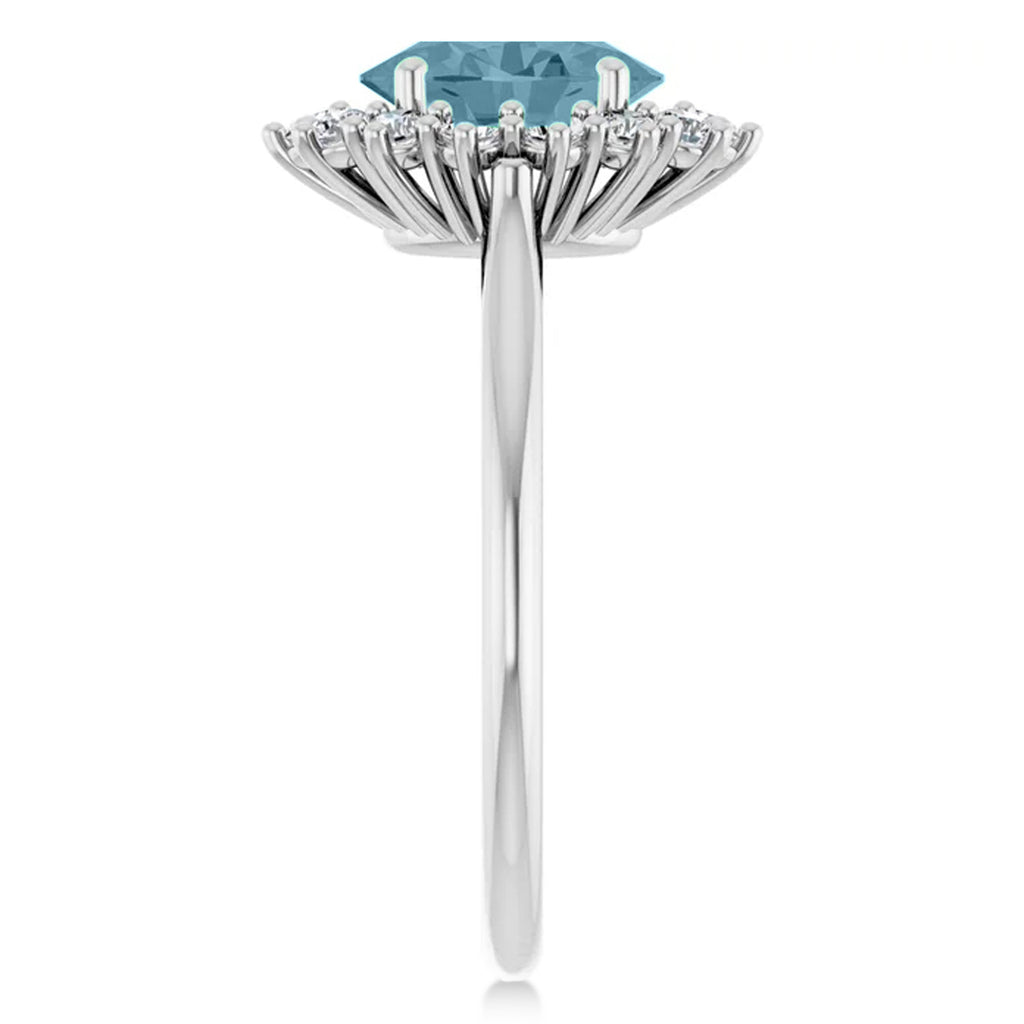 Oval Lab  Aquamarine & Diamond Halo Ring 14K White Gold (1.59ct)