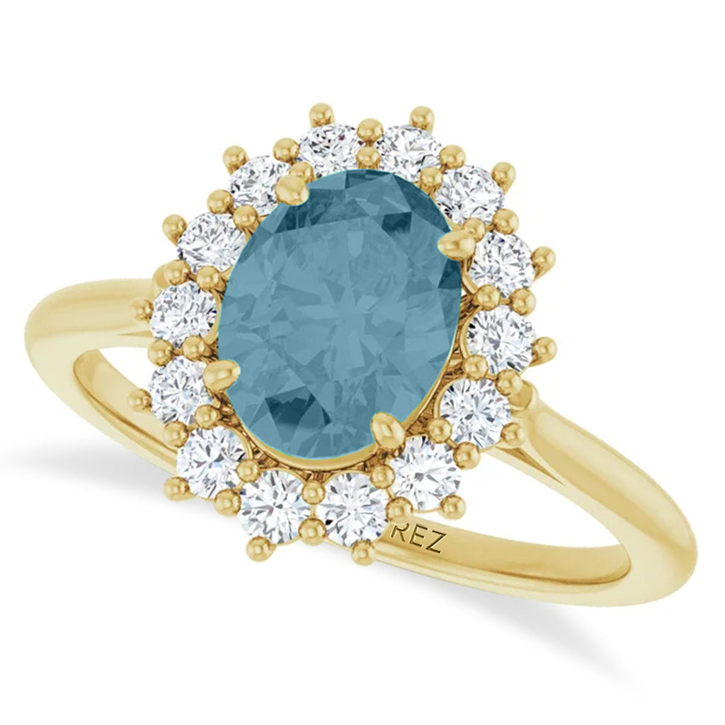 Oval Lab Aquamarine & Diamond Halo Ring 14K Yellow Gold (1.59ct)
