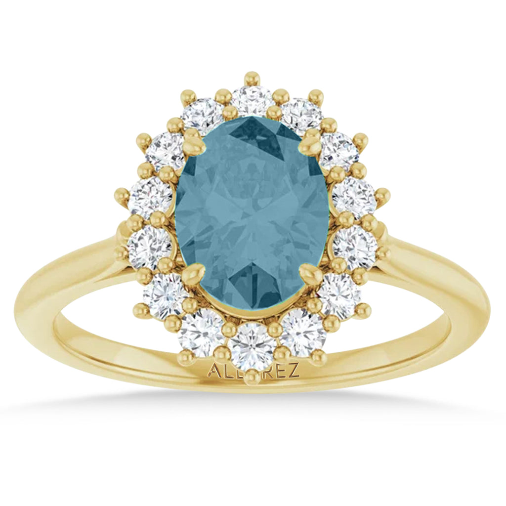 Oval Lab Aquamarine & Diamond Halo Ring 14K Yellow Gold (1.59ct)