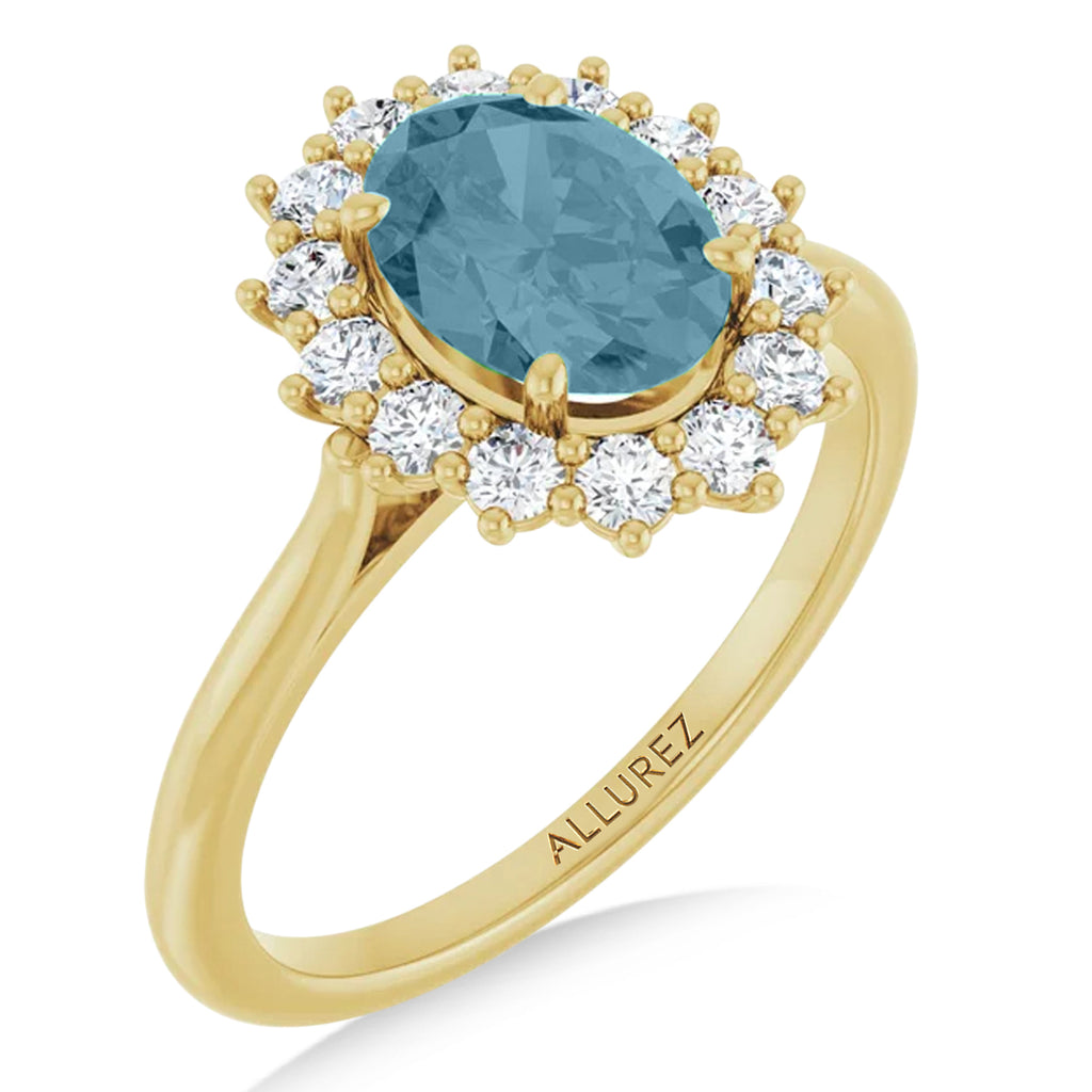 Oval Lab Aquamarine & Diamond Halo Ring 14K Yellow Gold (1.59ct)