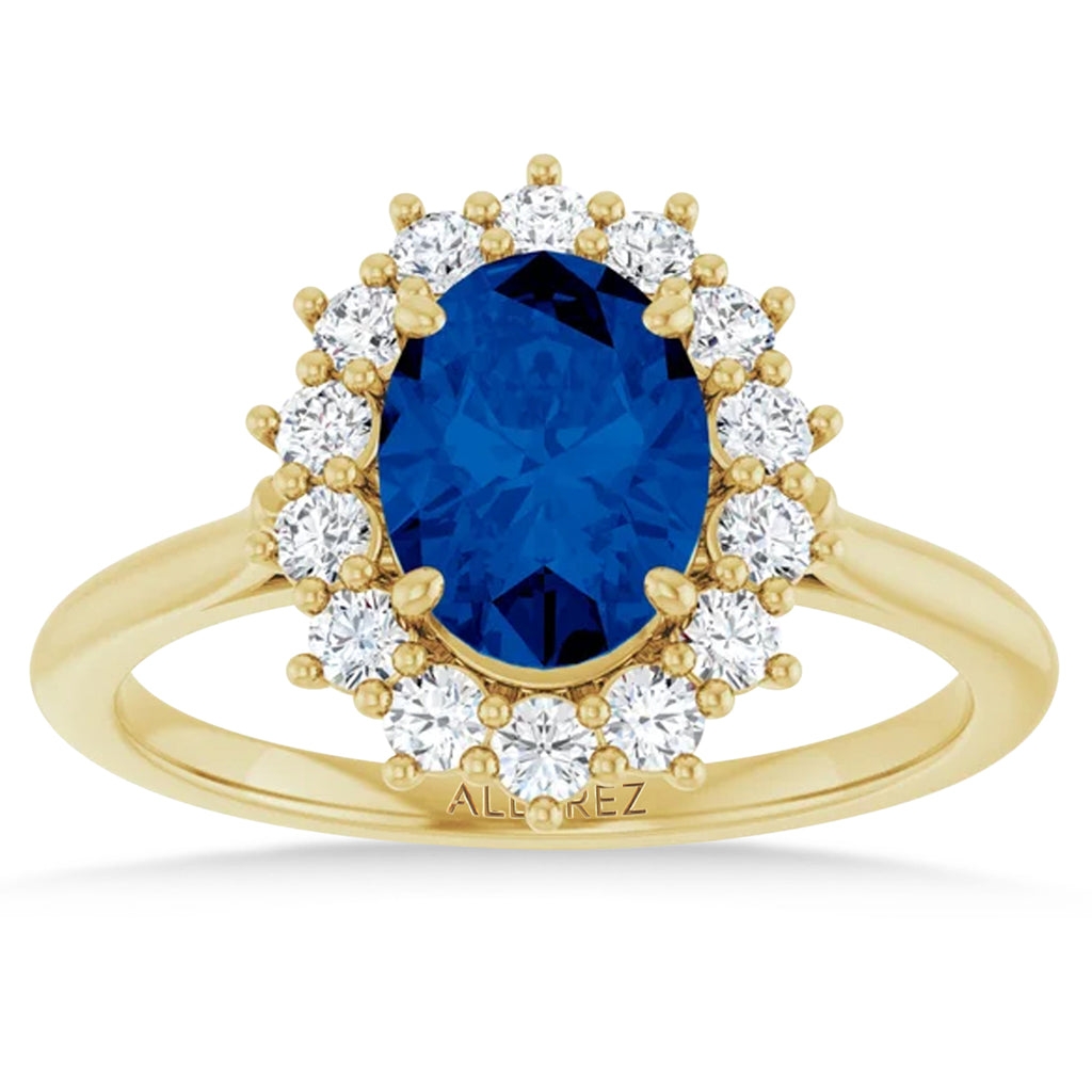 Oval Lab  Blue Sapphire & Diamond Halo Ring 14K Yellow Gold (2.16ct)