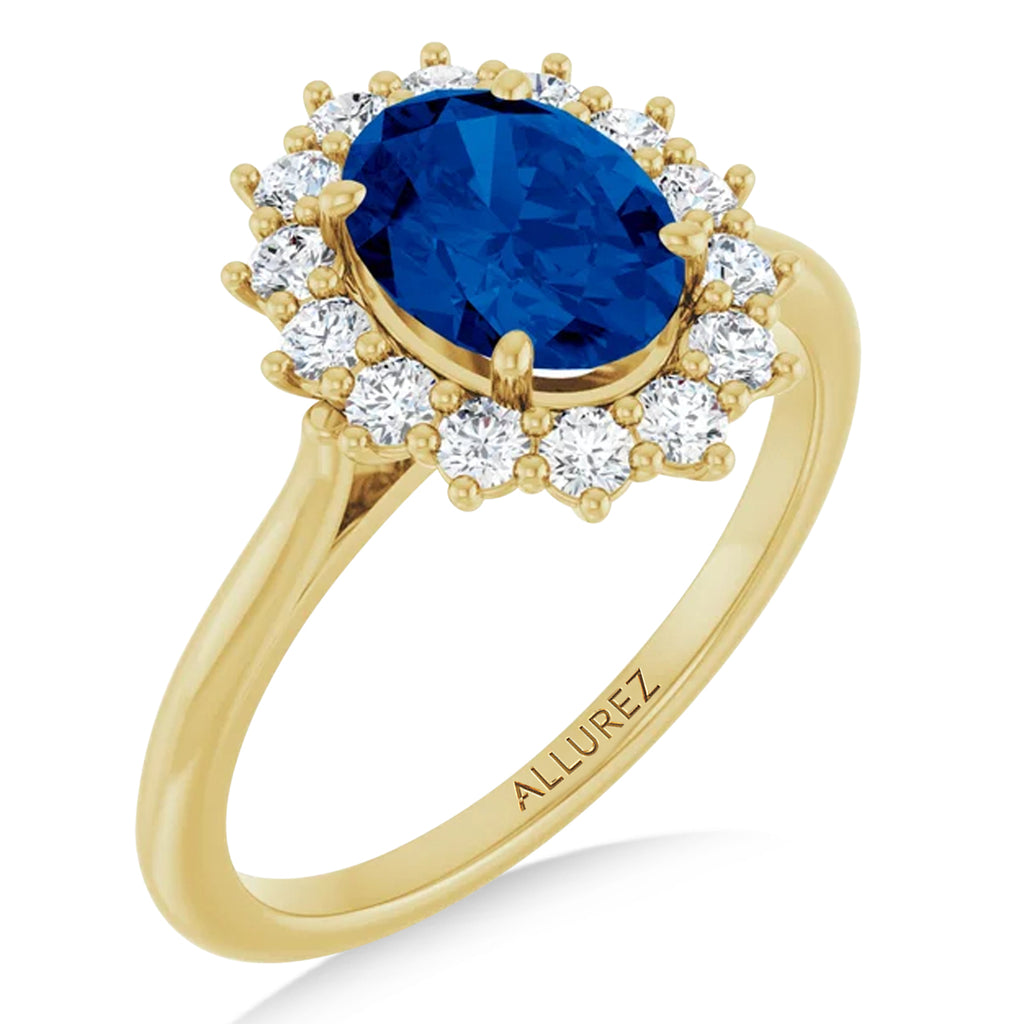 Oval Lab  Blue Sapphire & Diamond Halo Ring 14K Yellow Gold (2.16ct)