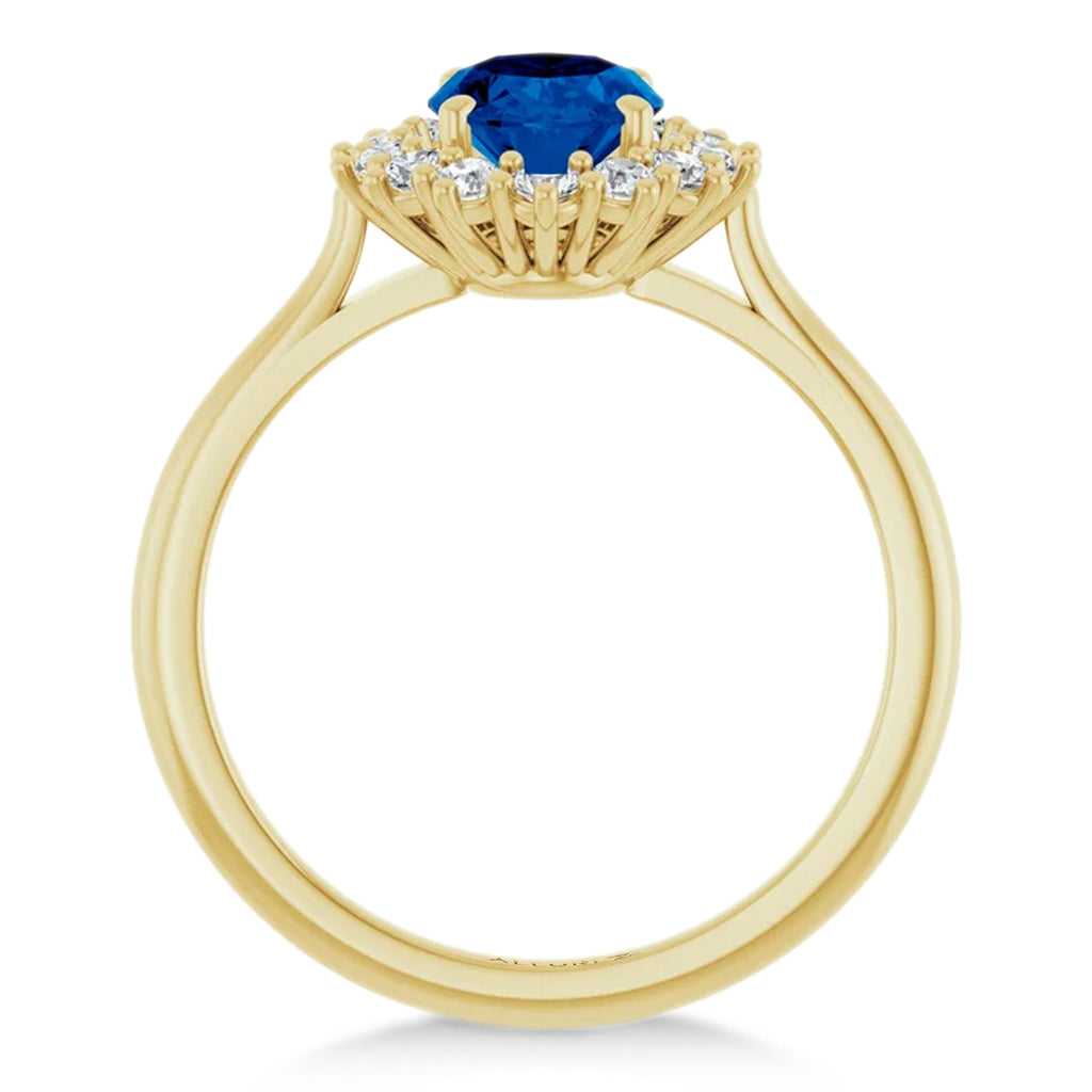 Oval Lab  Blue Sapphire & Diamond Halo Ring 14K Yellow Gold (2.16ct)