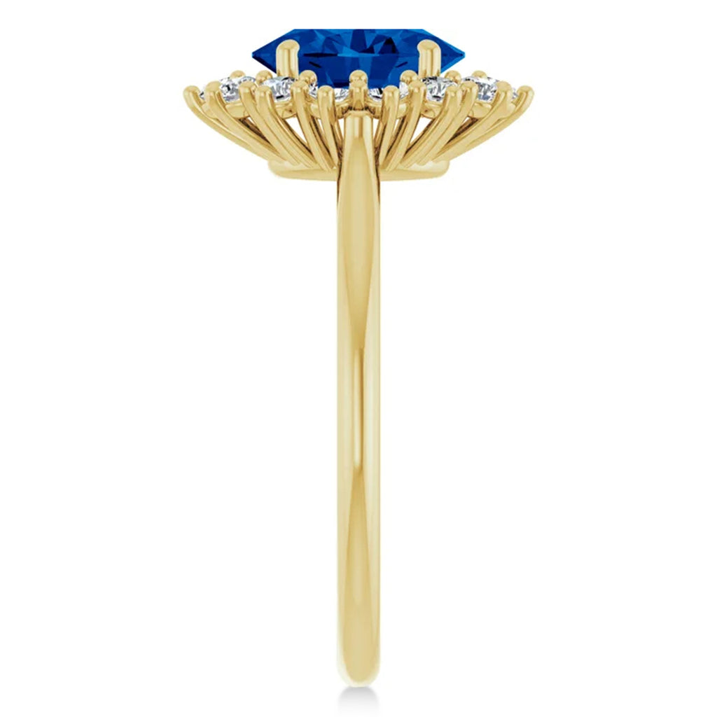Oval Lab  Blue Sapphire & Diamond Halo Ring 14K Yellow Gold (2.16ct)
