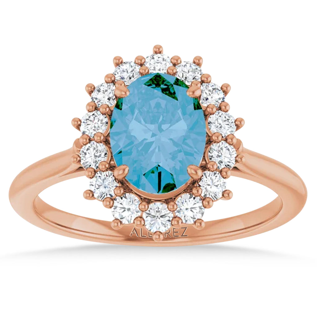 Oval Blue Topaz & Diamond Halo Ring 14K Rose Gold (1.95ct)