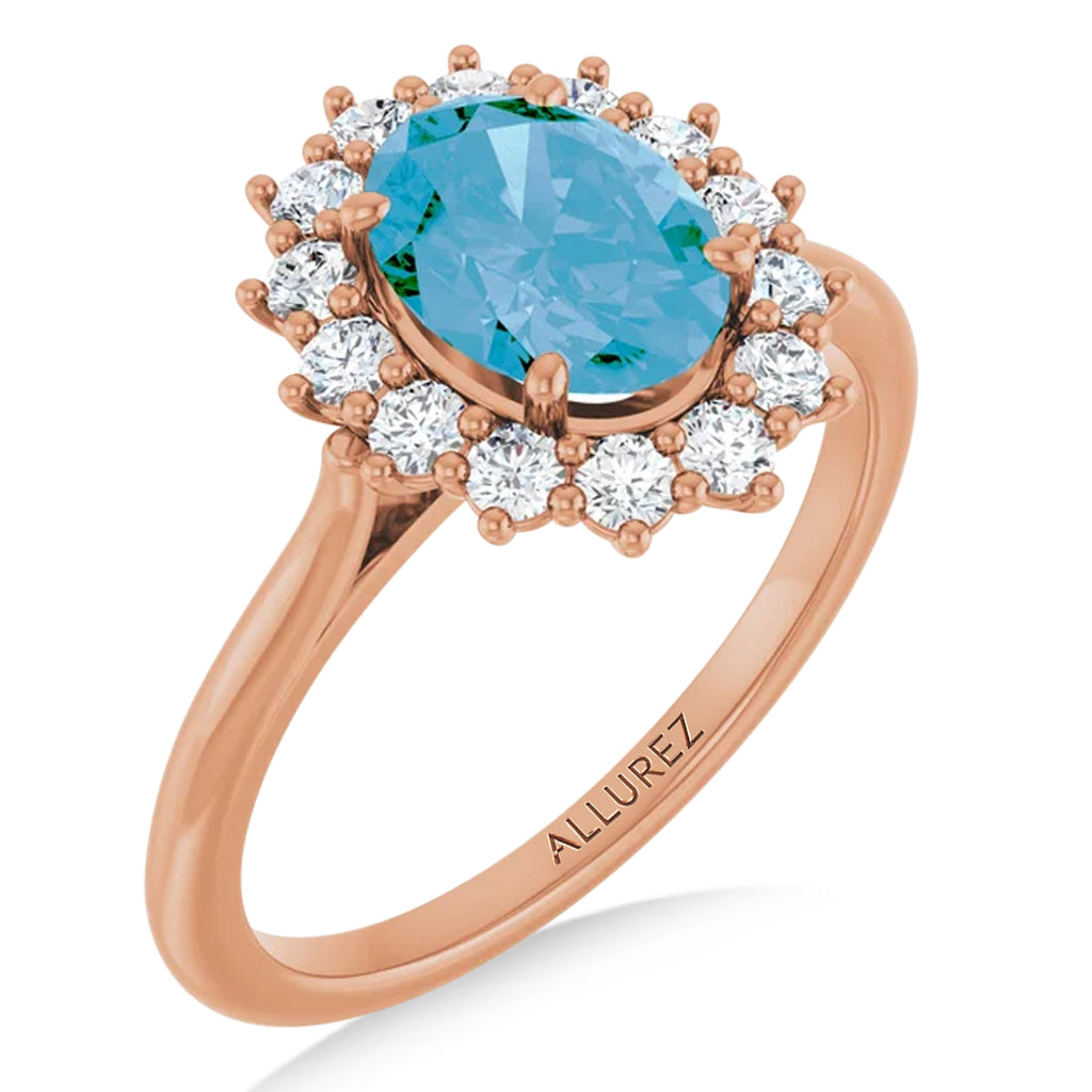 Oval Blue Topaz & Diamond Halo Ring 14K Rose Gold (1.95ct)