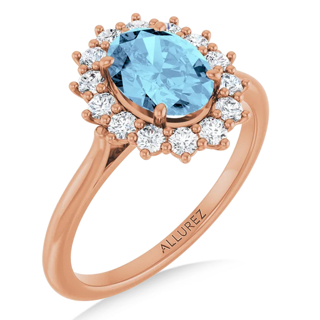 Oval Aquamarine & Diamond Halo Ring 14K Rose Gold (1.59ct)
