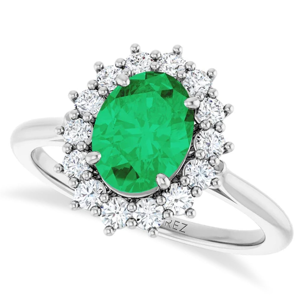 Oval Lab  Emerald & Diamond Halo Ring 14K White Gold (1.56ct)