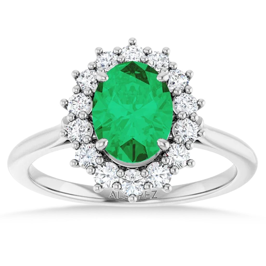 Oval Lab  Emerald & Diamond Halo Ring 14K White Gold (1.56ct)
