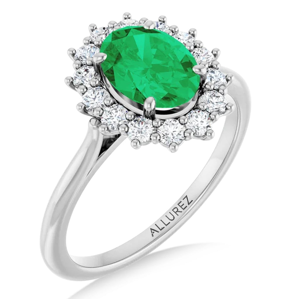 Oval Lab  Emerald & Diamond Halo Ring 14K White Gold (1.56ct)