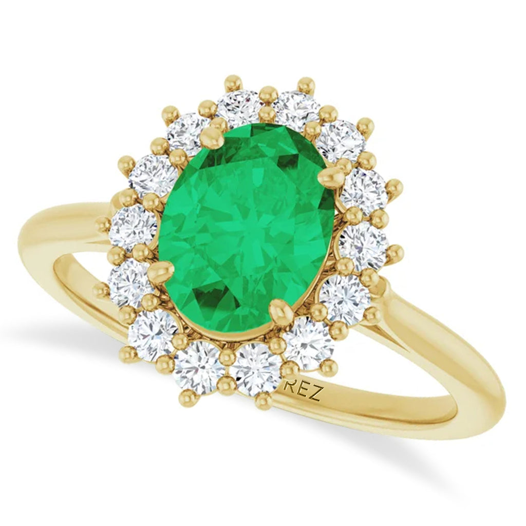 Oval Lab  Emerald & Diamond Halo Ring 14K Yellow Gold (1.56ct)