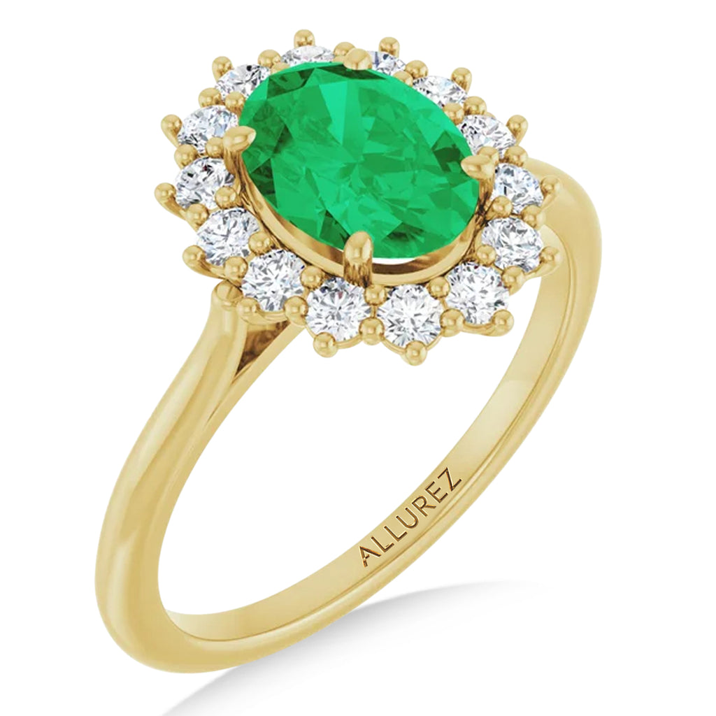 Oval Lab  Emerald & Diamond Halo Ring 14K Yellow Gold (1.56ct)
