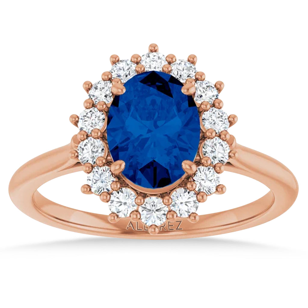 Oval Lab  Blue Sapphire & Diamond Halo Ring 14K Rose Gold (2.16ct)