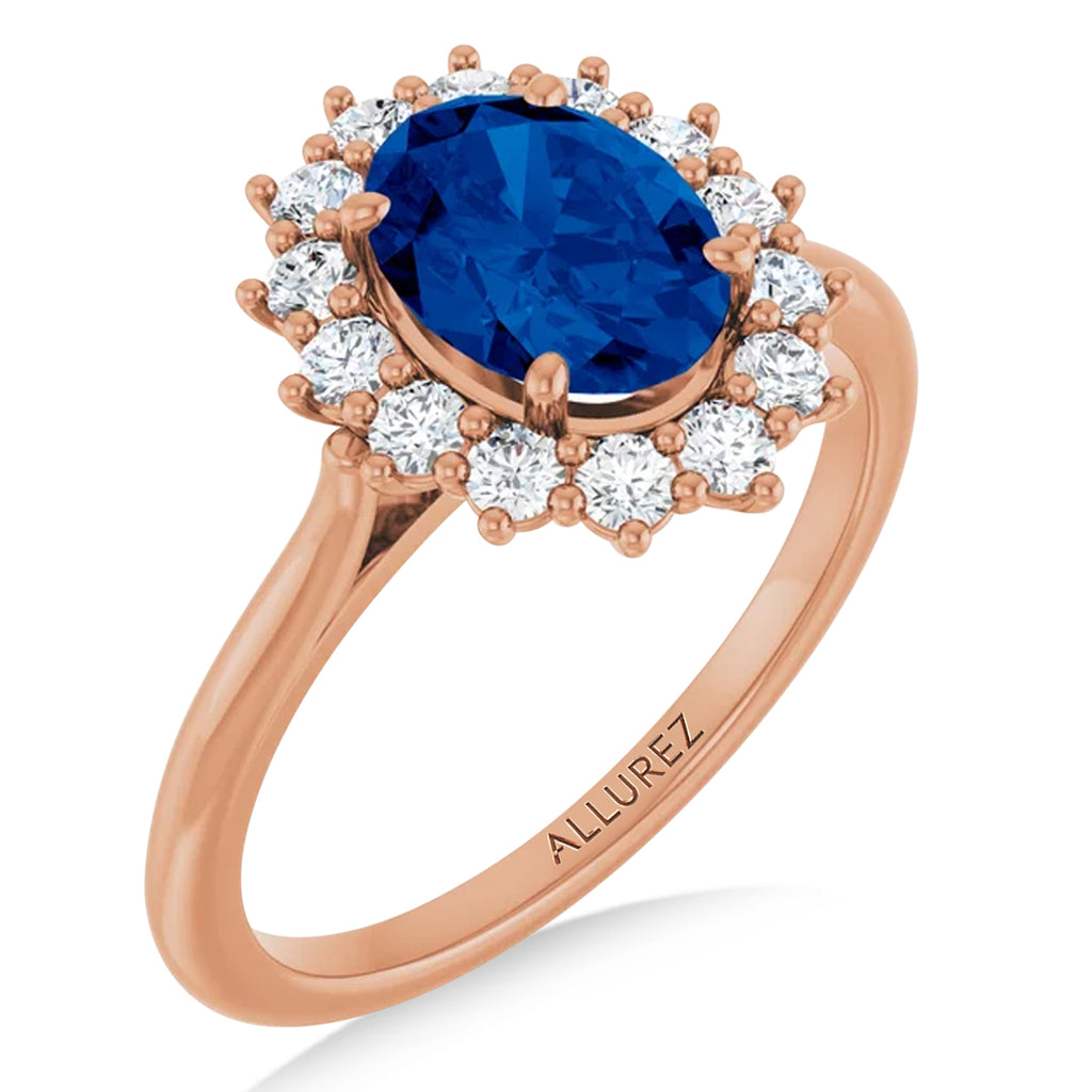 Oval Lab  Blue Sapphire & Diamond Halo Ring 14K Rose Gold (2.16ct)