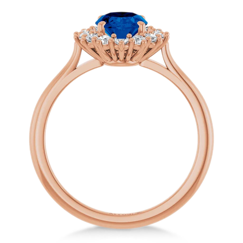 Oval Lab  Blue Sapphire & Diamond Halo Ring 14K Rose Gold (2.16ct)