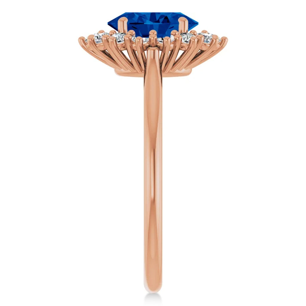 Oval Lab  Blue Sapphire & Diamond Halo Ring 14K Rose Gold (2.16ct)