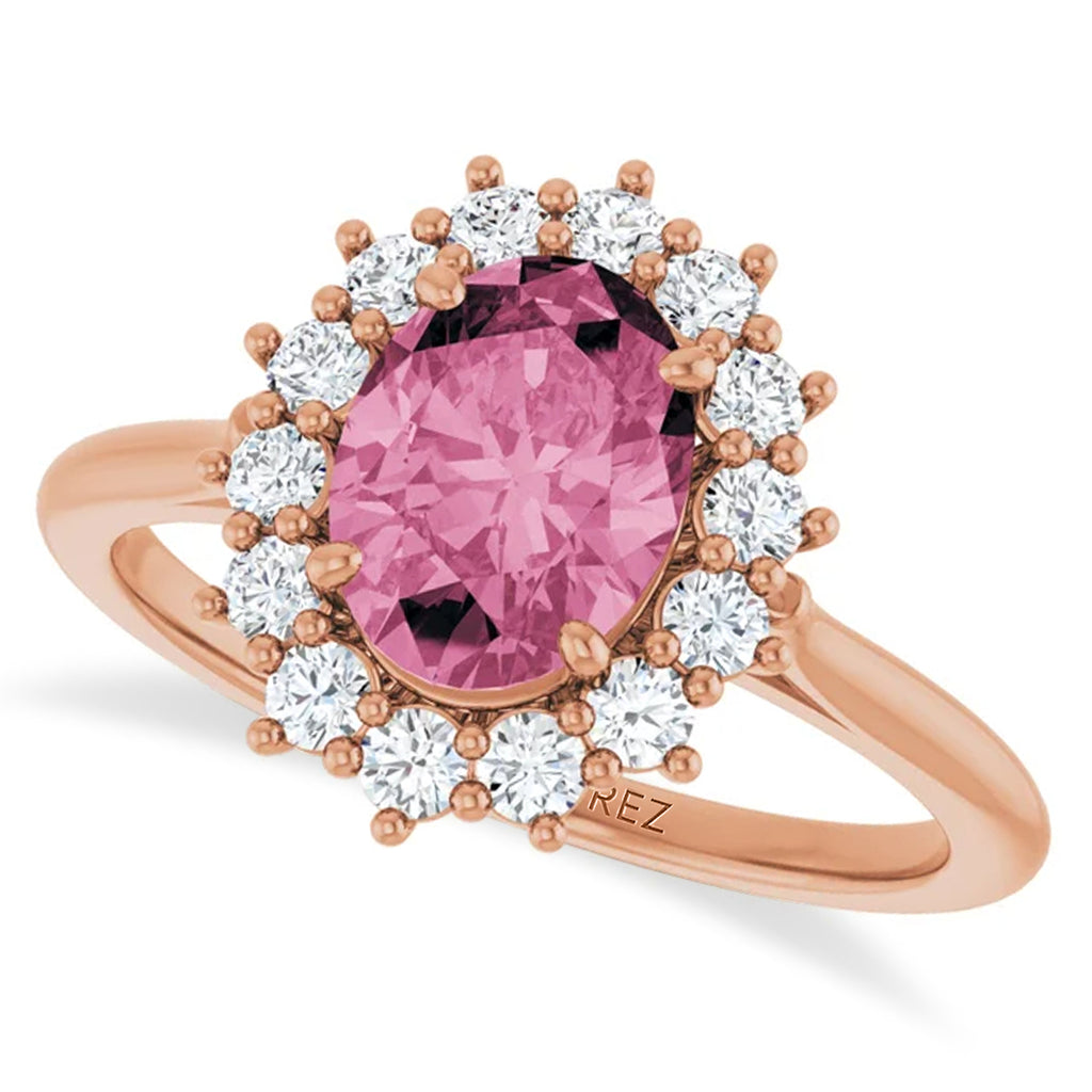Oval Pink Tourmaline & Diamond Halo Ring 14K Rose Gold (1.72ct)