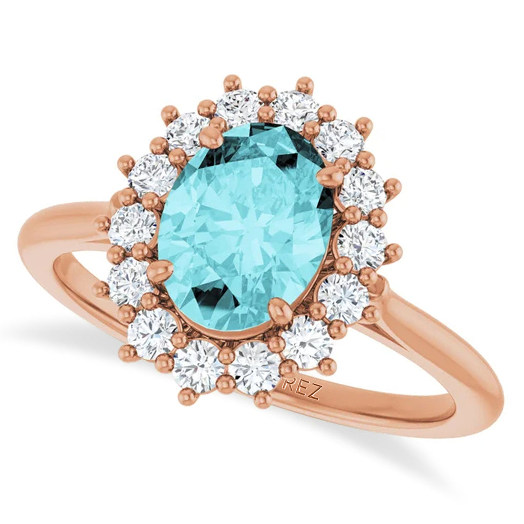 Oval Blue Zircon & Diamond Halo Ring 14K Rose Gold (2.60ct)
