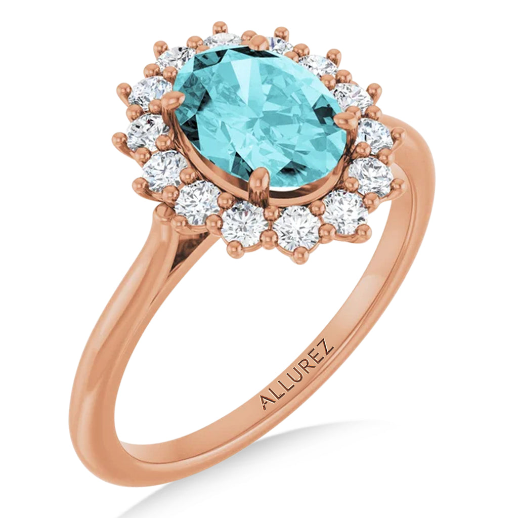 Oval Blue Zircon & Diamond Halo Ring 14K Rose Gold (2.60ct)