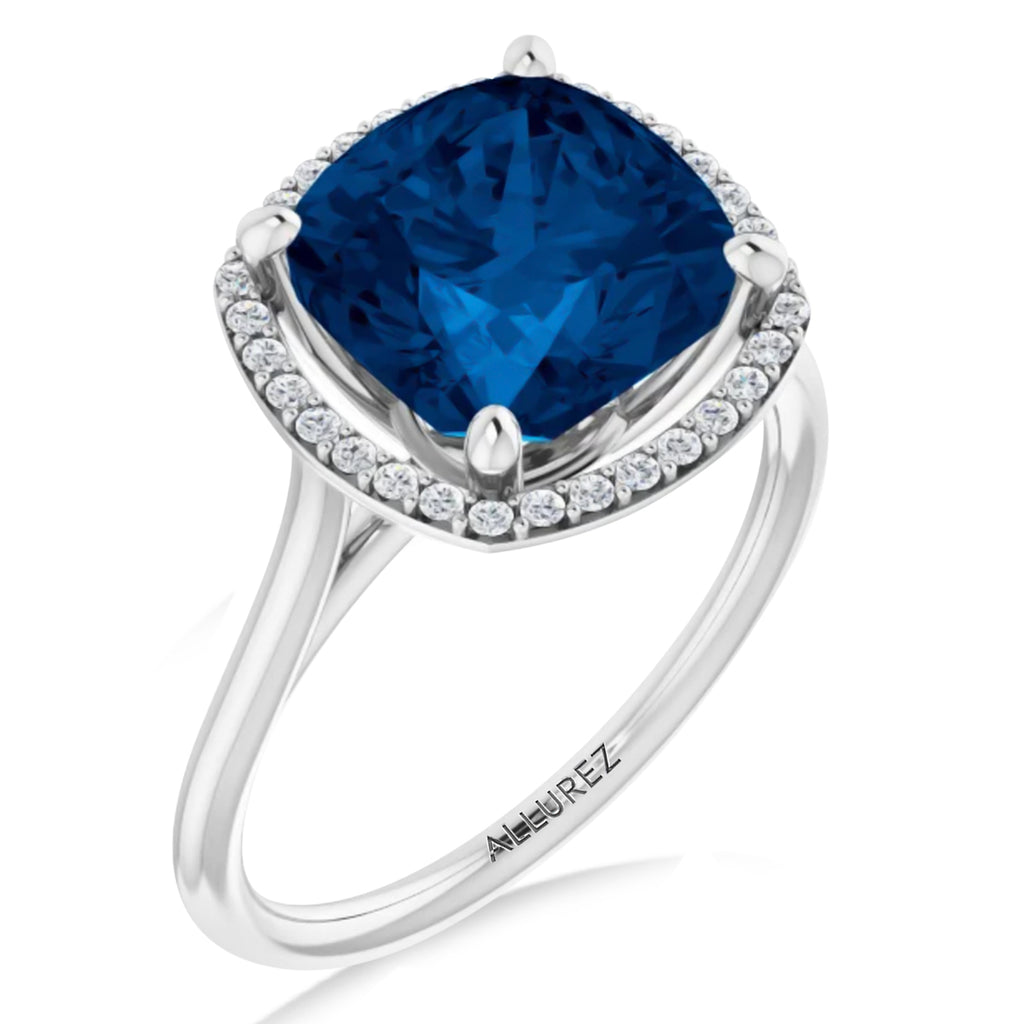 Cushion Lab Grown Blue Sapphire & Diamond Halo Ring 14K White Gold (3.44ct)