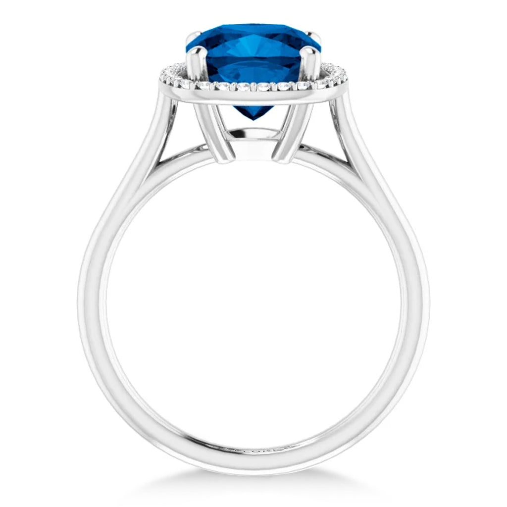 Cushion Lab Grown Blue Sapphire & Diamond Halo Ring 14K White Gold (3.44ct)