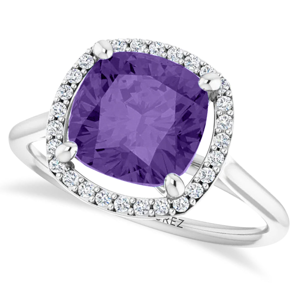 Cushion Lab Amethyst & Diamond Halo Ring 14K White Gold (2.29ct)
