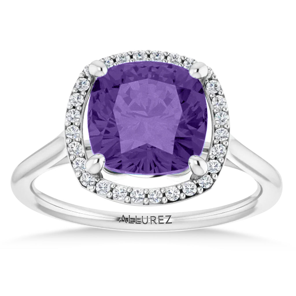 Cushion Lab Amethyst & Diamond Halo Ring 14K White Gold (2.29ct)