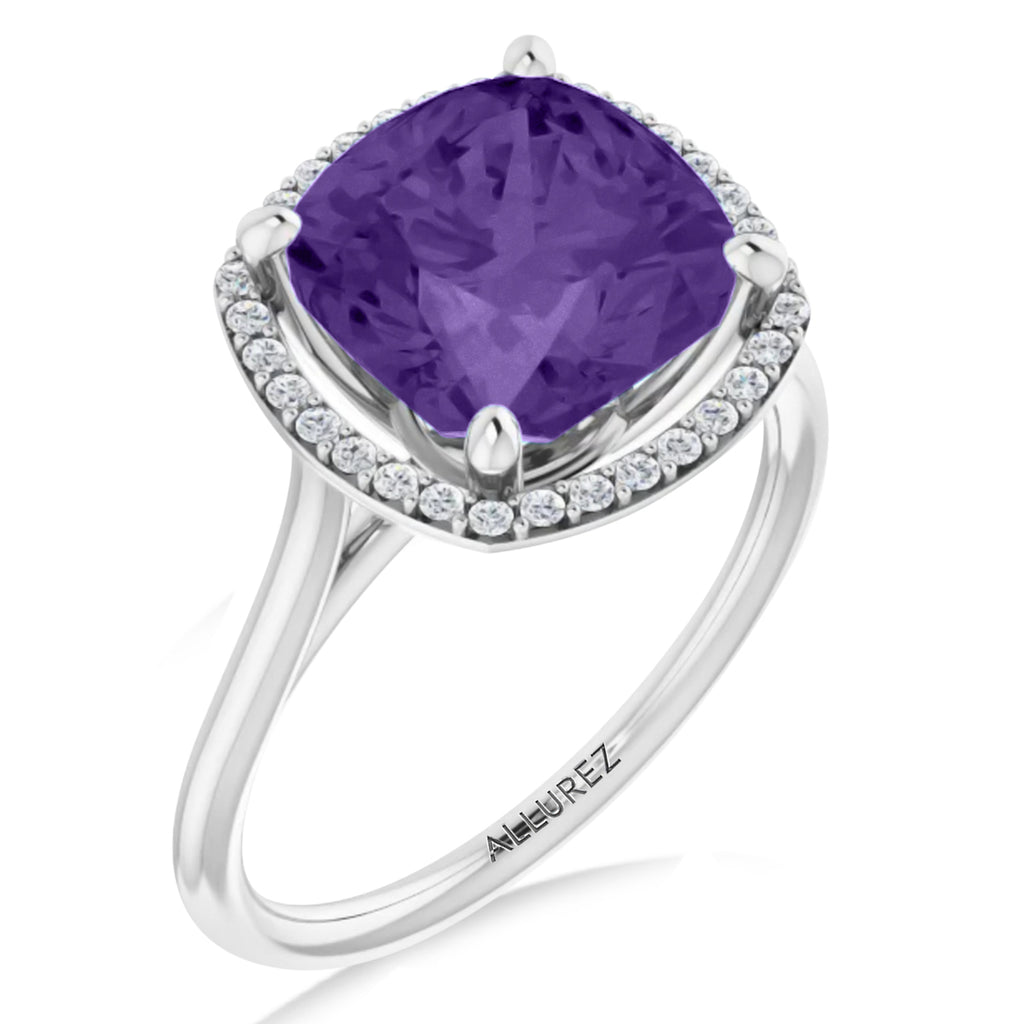 Cushion Lab Amethyst & Diamond Halo Ring 14K White Gold (2.29ct)