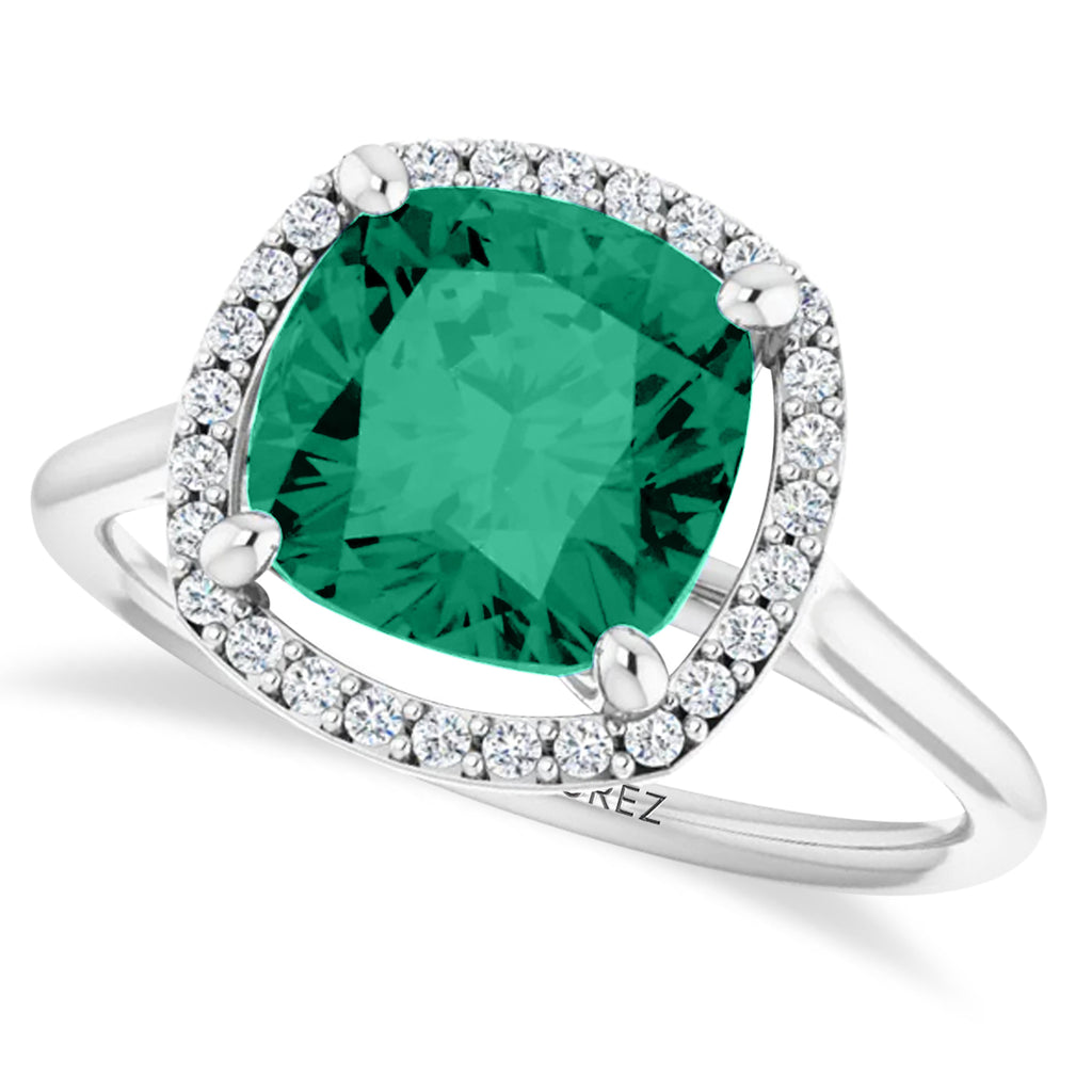 Cushion Lab  Emerald & Diamond Halo Ring 14K White Gold (2.29ct)