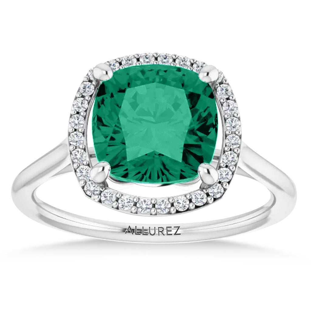 Cushion Lab  Emerald & Diamond Halo Ring 14K White Gold (2.29ct)