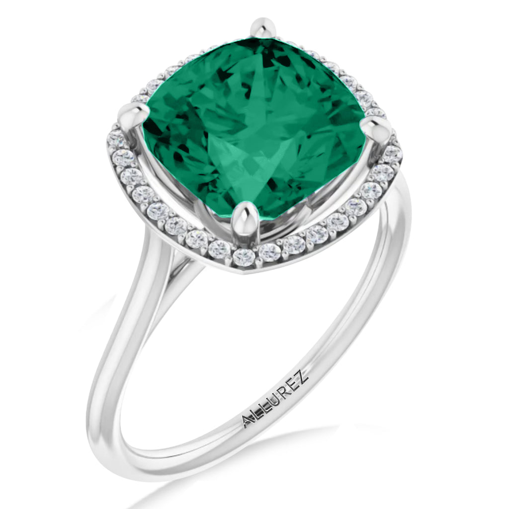 Cushion Lab  Emerald & Diamond Halo Ring 14K White Gold (2.29ct)