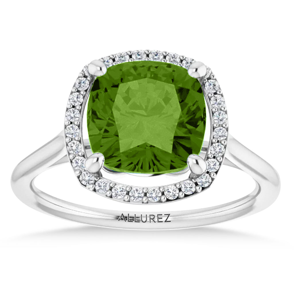 Cushion Lab  Peridot & Diamond Halo Ring 14K White Gold (2.44ct)