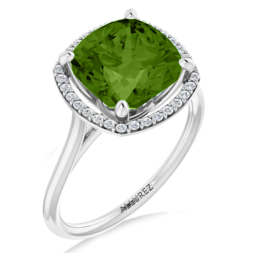 Cushion Lab  Peridot & Diamond Halo Ring 14K White Gold (2.44ct)