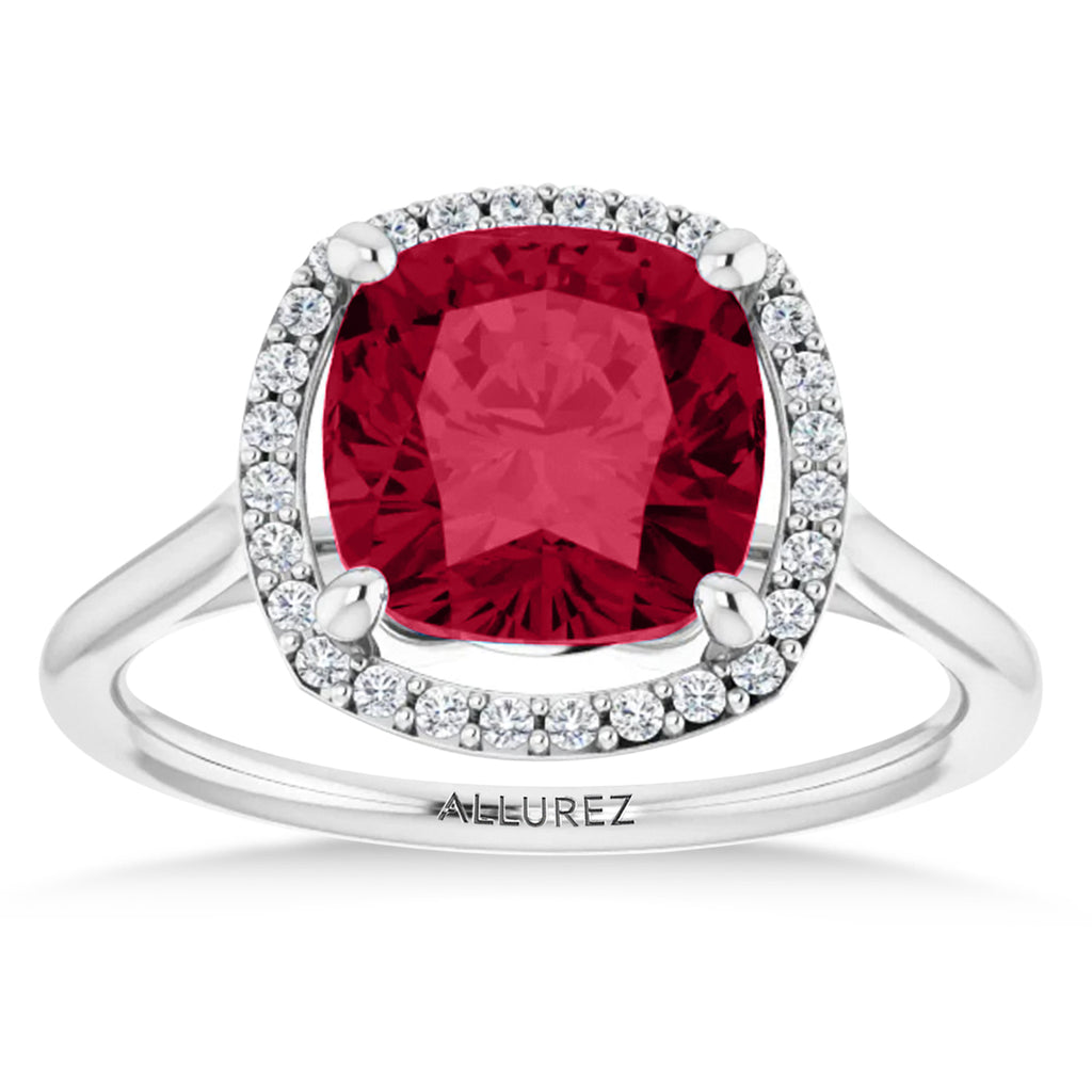 Cushion Lab  Ruby & Diamond Halo Ring 14K White Gold (3.39ct)