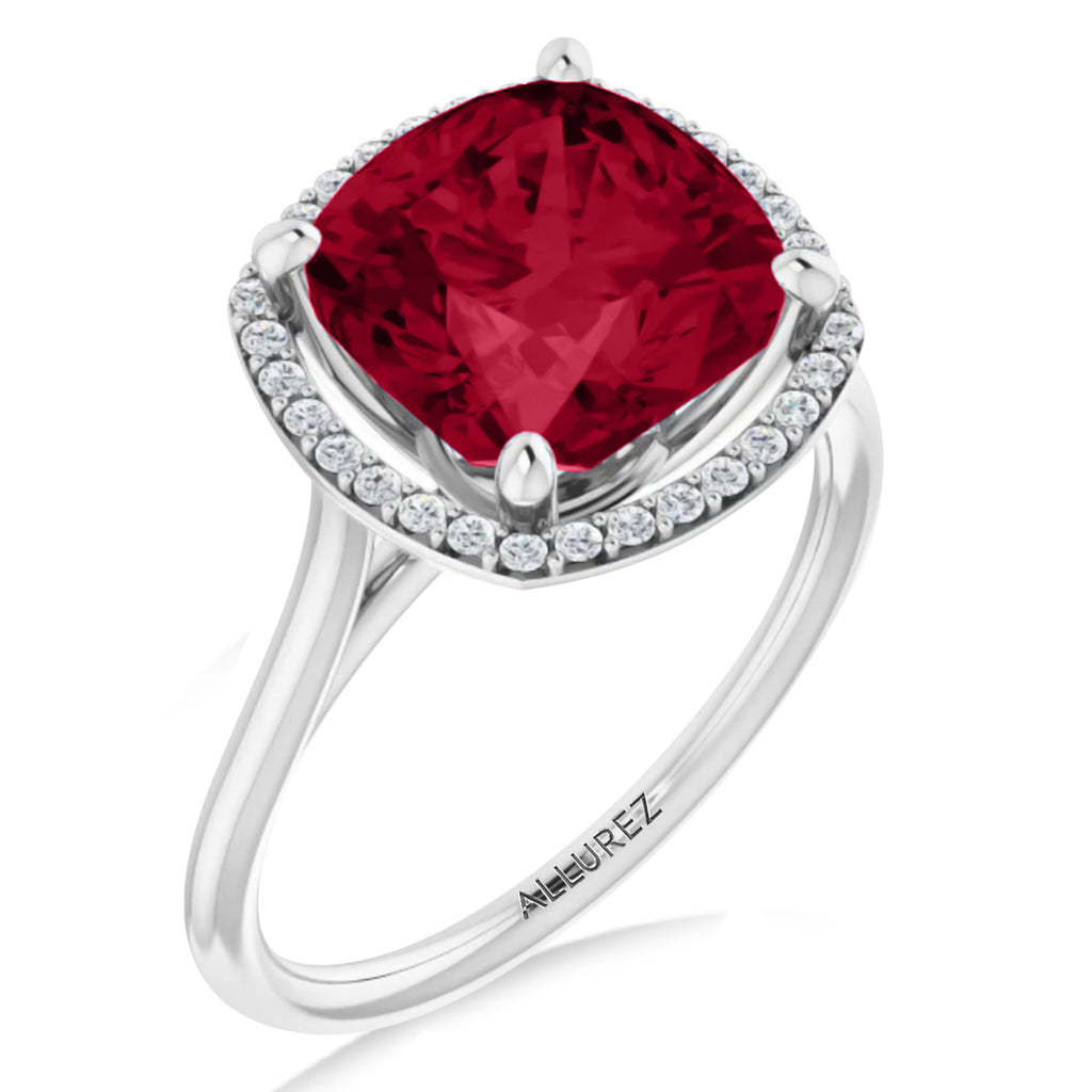 Cushion Lab  Ruby & Diamond Halo Ring 14K White Gold (3.39ct)
