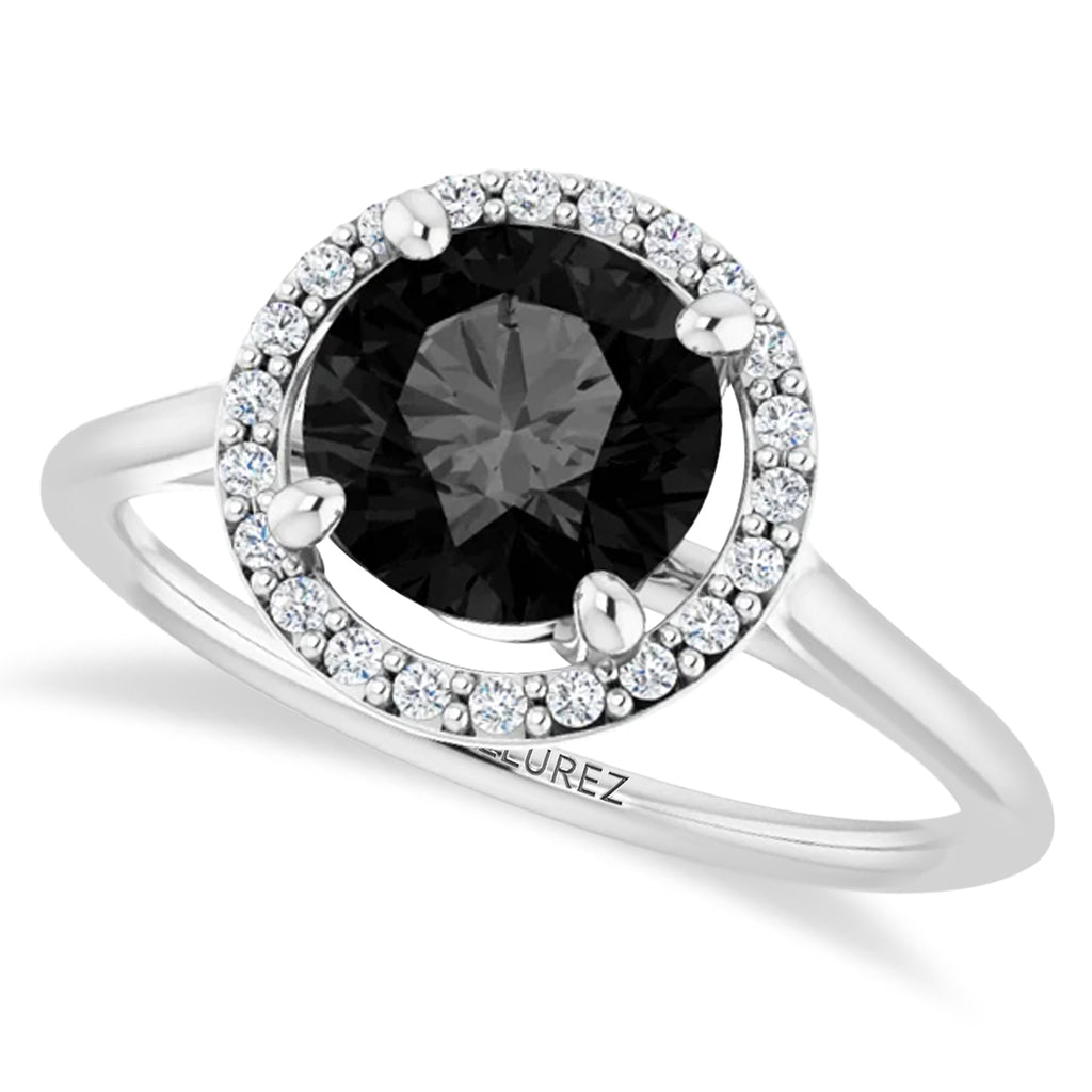 Round Onyx & Diamond Halo Ring 14K White Gold (1.82ct)