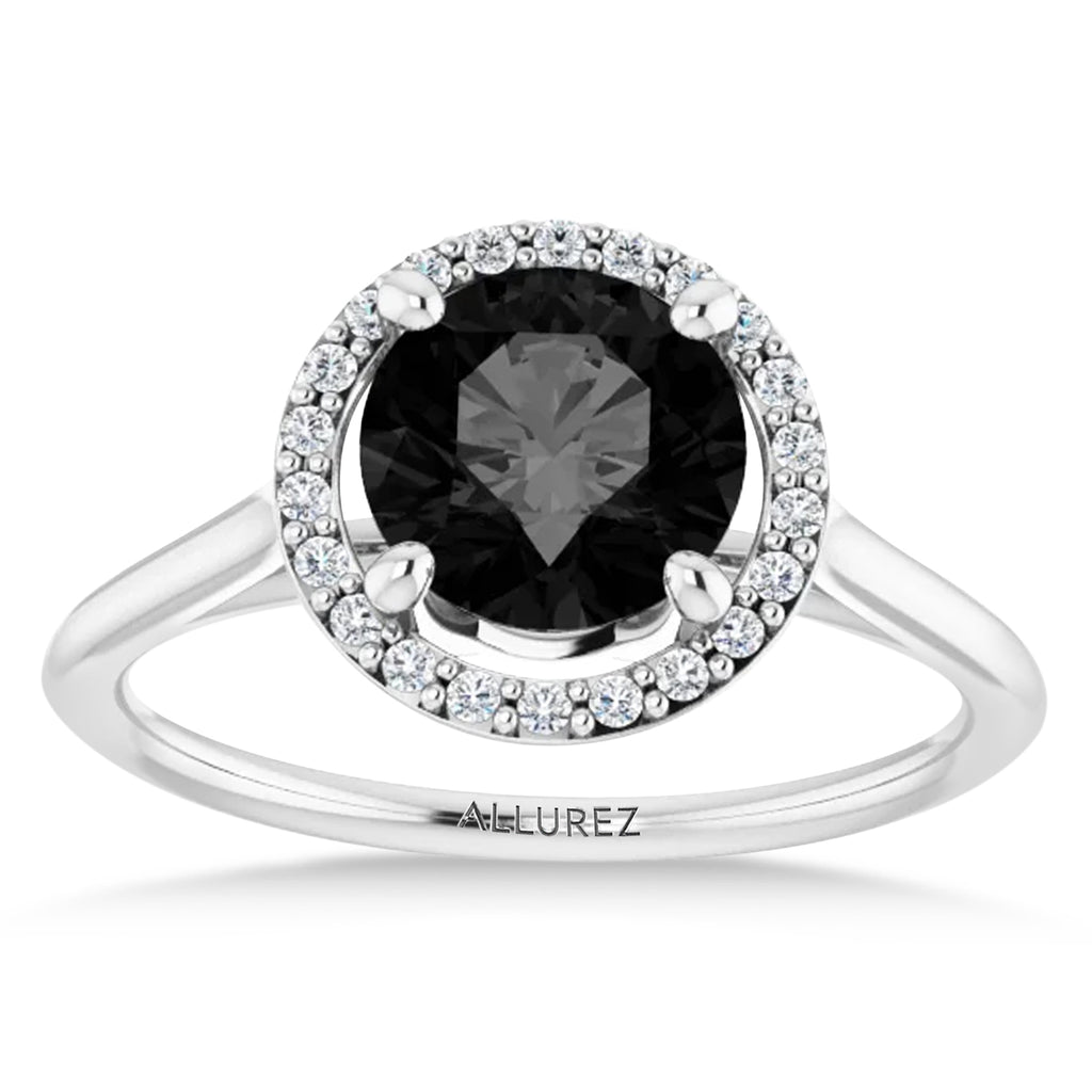 Round Onyx & Diamond Halo Ring 14K White Gold (1.82ct)