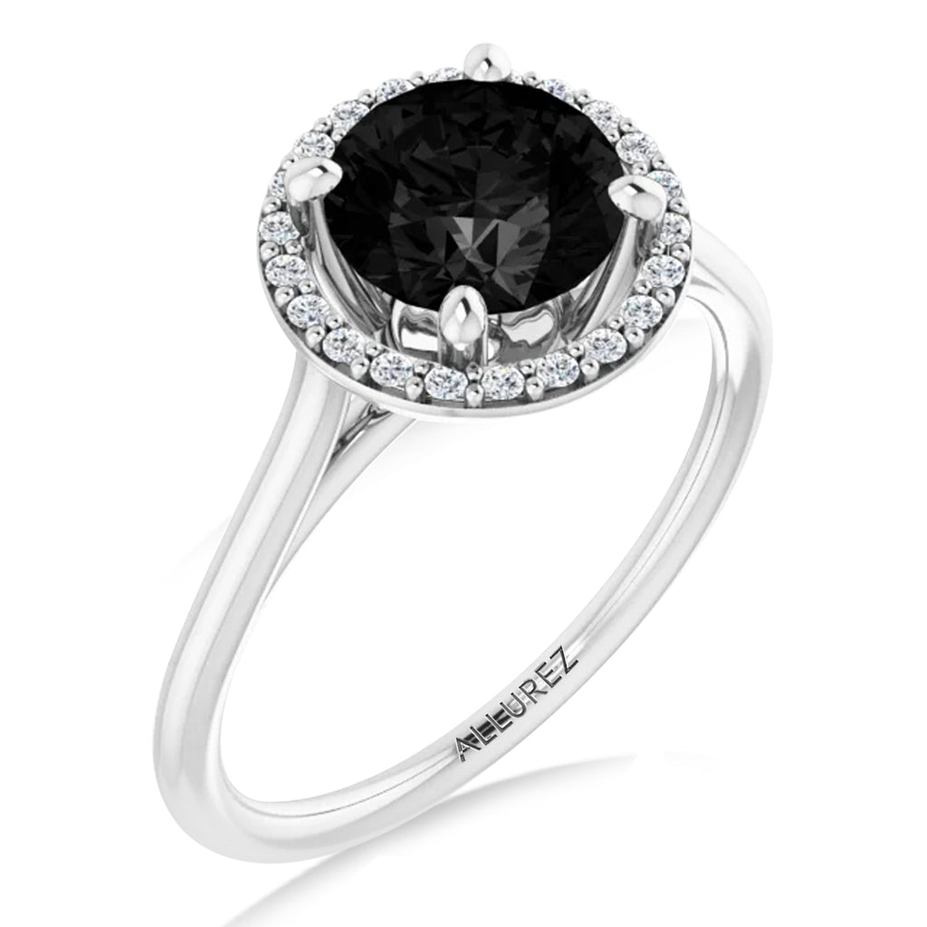 Round Onyx & Diamond Halo Ring 14K White Gold (1.82ct)