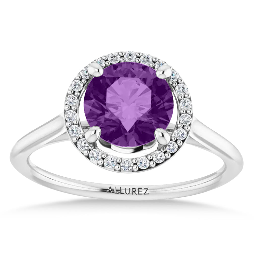Round Lab Amethyst & Diamond Halo Ring 14K White Gold (1.31ct)
